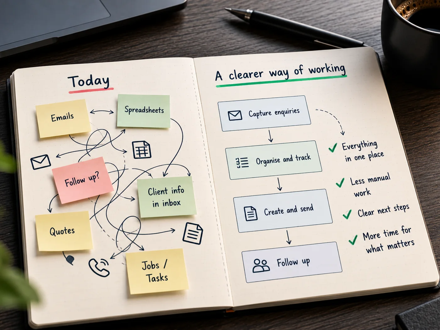 A notebook open at two pages. The left is headed Today: loose notes for emails, spreadsheets, quotes, client information in the inbox and jobs, with arrows running between all of them. The right is headed A clearer way of working: capture enquiries, organise and track, create and send, follow up, in one order.