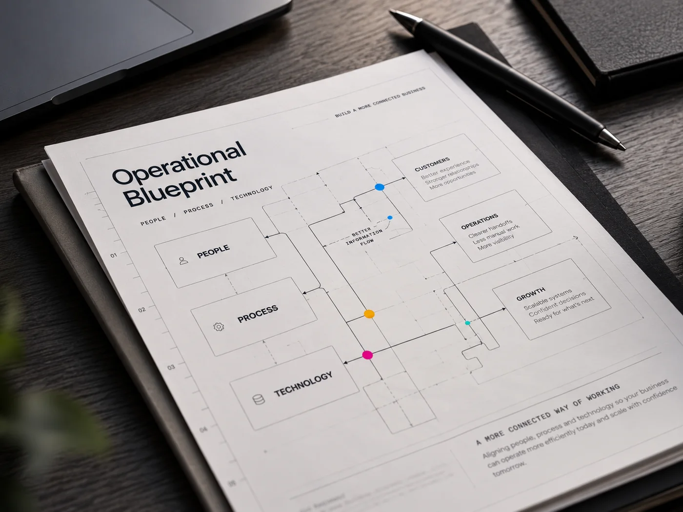 An operational blueprint on a desk, mapping people, process and technology against customers, operations and growth.