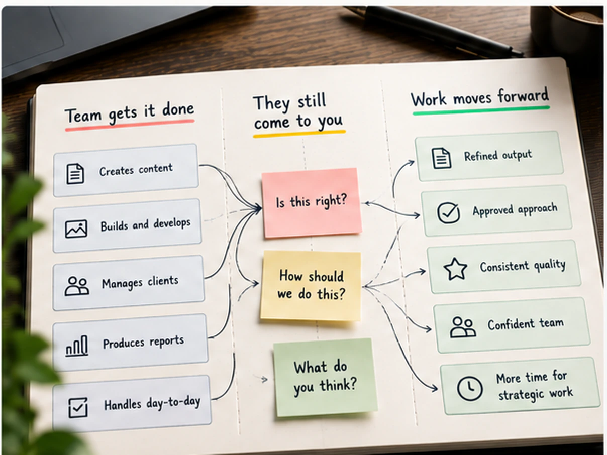 A notebook spread in three columns. On the left, work the team already does without the owner: content, building, managing clients, reports and the day to day. In the middle, three questions on sticky notes travelling back to one person: is this right, how should we do this, what do you think. On the right, what follows once they are answered: refined output, an approved approach, consistent quality, a confident team and more time for the work only the owner can do.