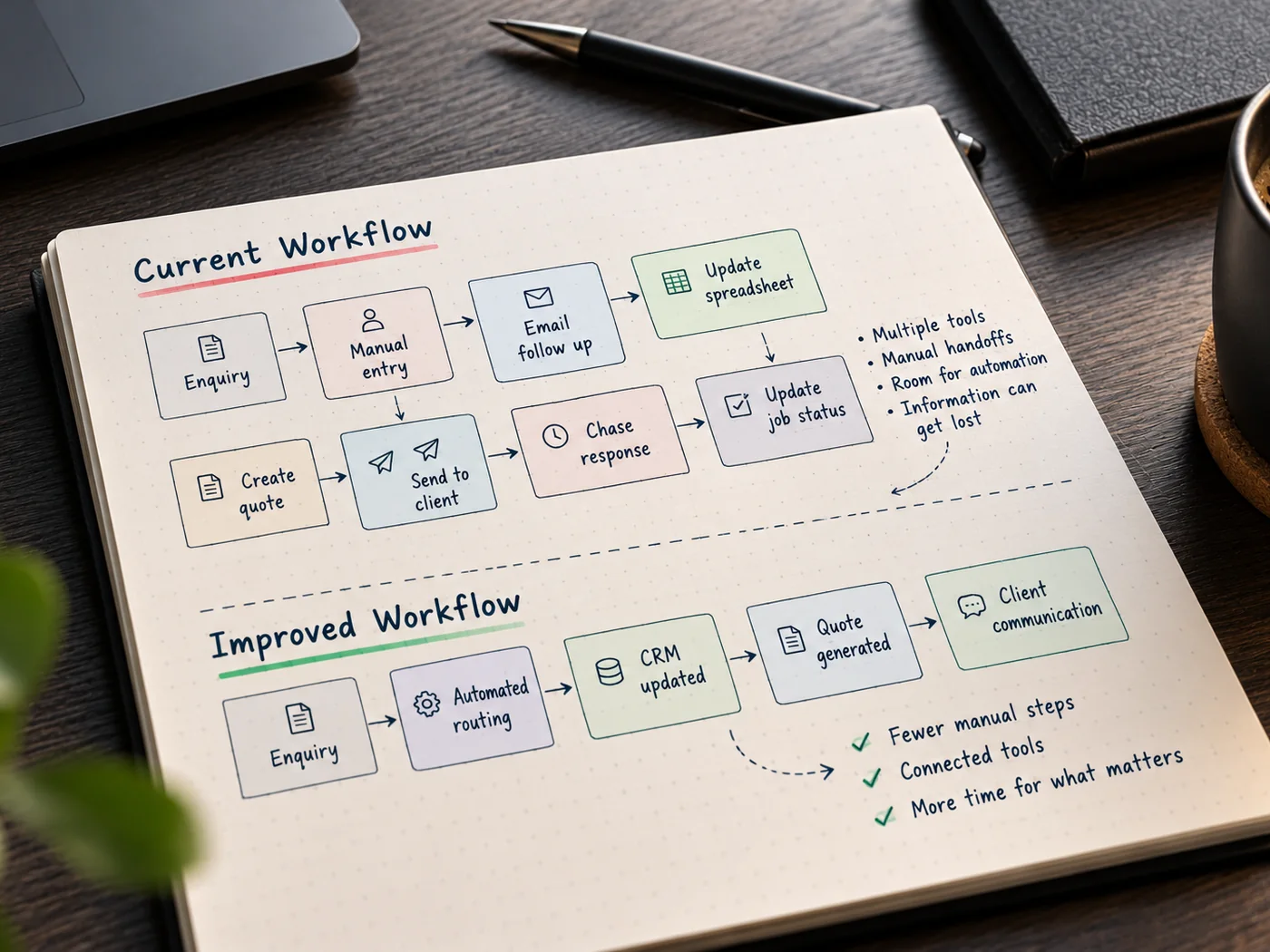 A notebook page comparing two versions of the same job. The current one passes an enquiry through manual entry, email follow-up, a quote, chasing and a spreadsheet update. The improved one routes the enquiry, updates the record, generates the quote and tells the client.