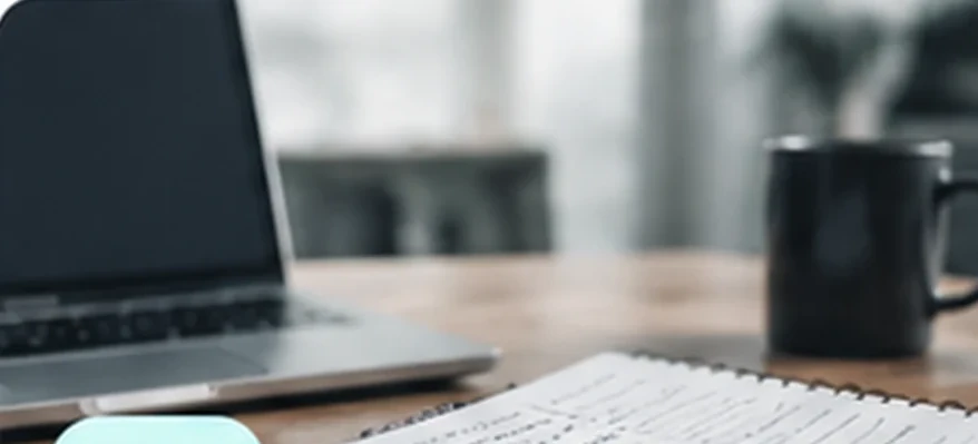 A laptop, a notebook and a coffee cup on a business owner&rsquo;s desk