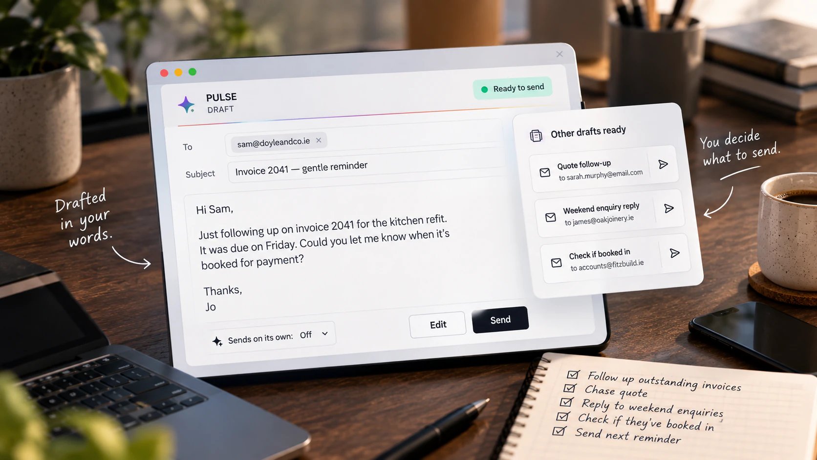 A Pulse draft of the invoice reminder, written in the sender&rsquo;s own words and marked ready to send, with Edit and Send buttons, a list of other drafts waiting, and a control reading sends on its own: off.