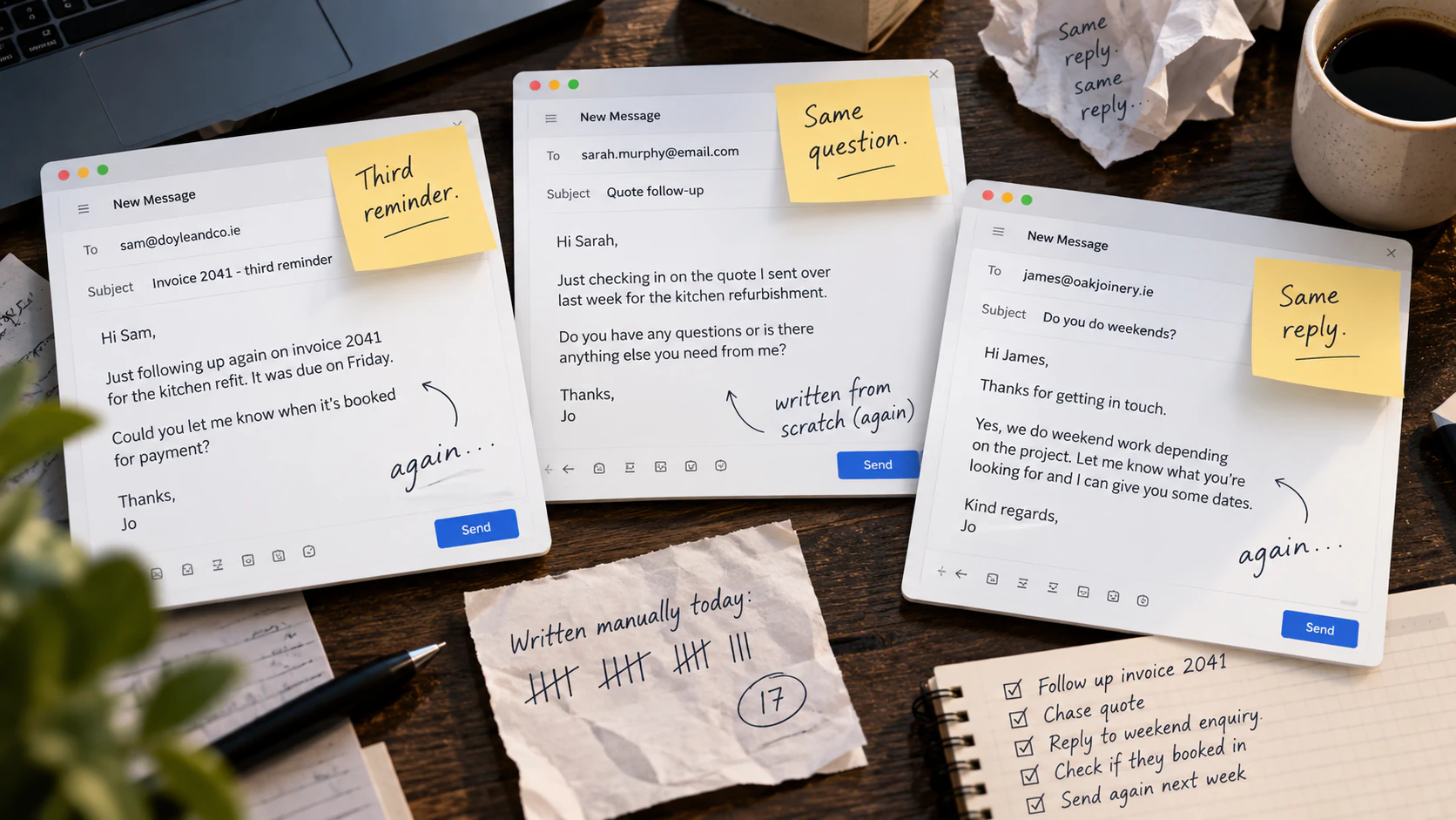Three half-written emails on a desk: an invoice reminder, a quote follow-up and a reply to a repeated question, annotated third reminder, same question, same reply, written from scratch again.