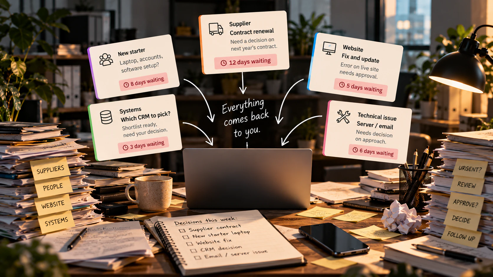 A crowded desk under five technical decisions all pointing back at it: a supplier contract, a new starter&rsquo;s laptop, a website fix, a choice of CRM and a server problem, each one marked with the days it has been waiting. A note reads: everything comes back to you.