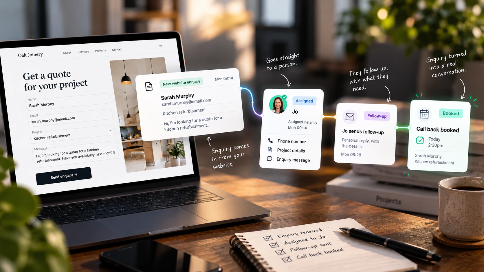 The same website enquiry assigned to a named person within minutes, carrying the phone number, project details and message with it, followed by a personal reply and a booked call back.